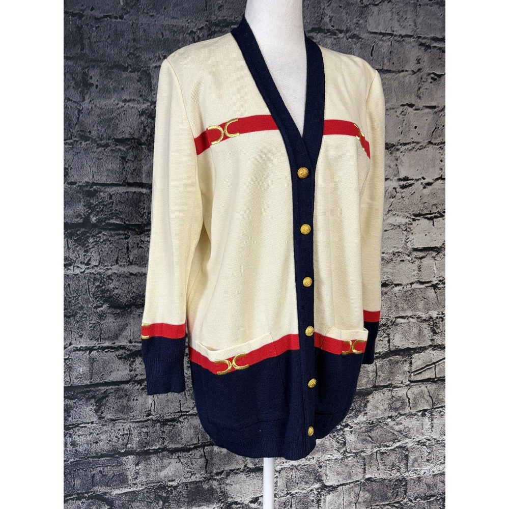 Tricoville Cardigan Sweater Womens 10 Multicolor Stripe Gold Buttons Pockets - Picture 2 of 14